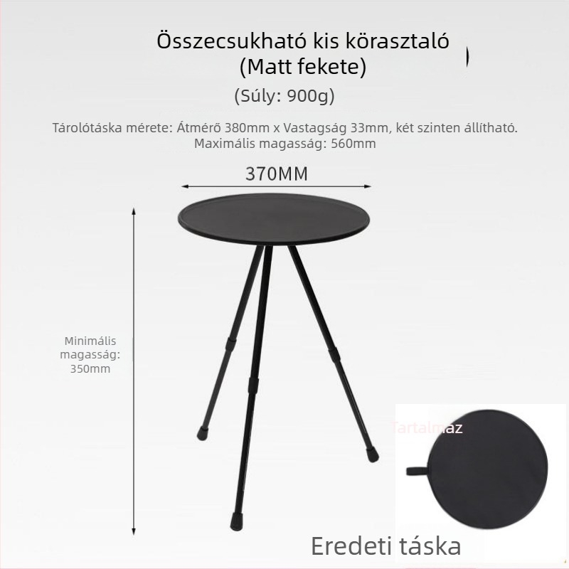 Kompakt kempingasztal állítható magassággal, kerek ABS felülettel és összecsukható háromlábú lábakkal