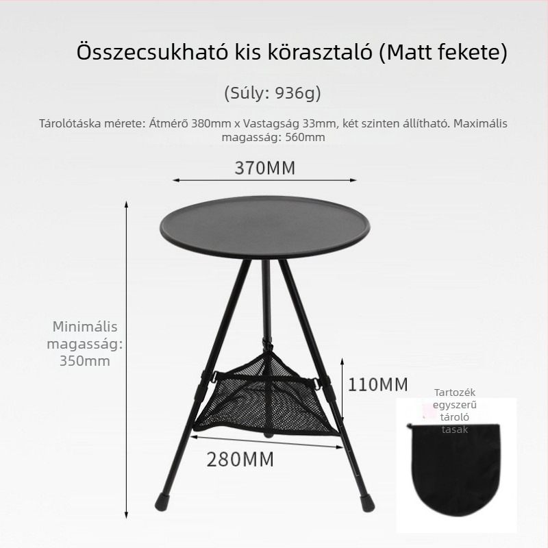 Kompakt kempingasztal állítható magassággal, kerek ABS felülettel és összecsukható háromlábú lábakkal
