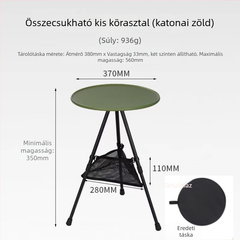Kompakt kempingasztal állítható magassággal, kerek ABS felülettel és összecsukható háromlábú lábakkal