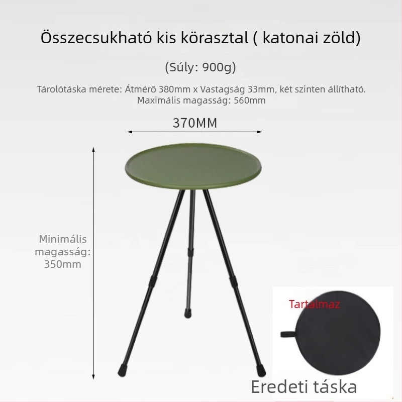 Kompakt kempingasztal állítható magassággal, kerek ABS felülettel és összecsukható háromlábú lábakkal