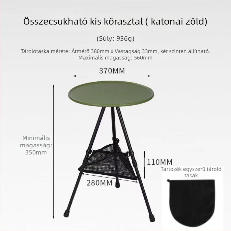 Kompakt kempingasztal állítható magassággal, kerek ABS felülettel és összecsukható háromlábú lábakkal