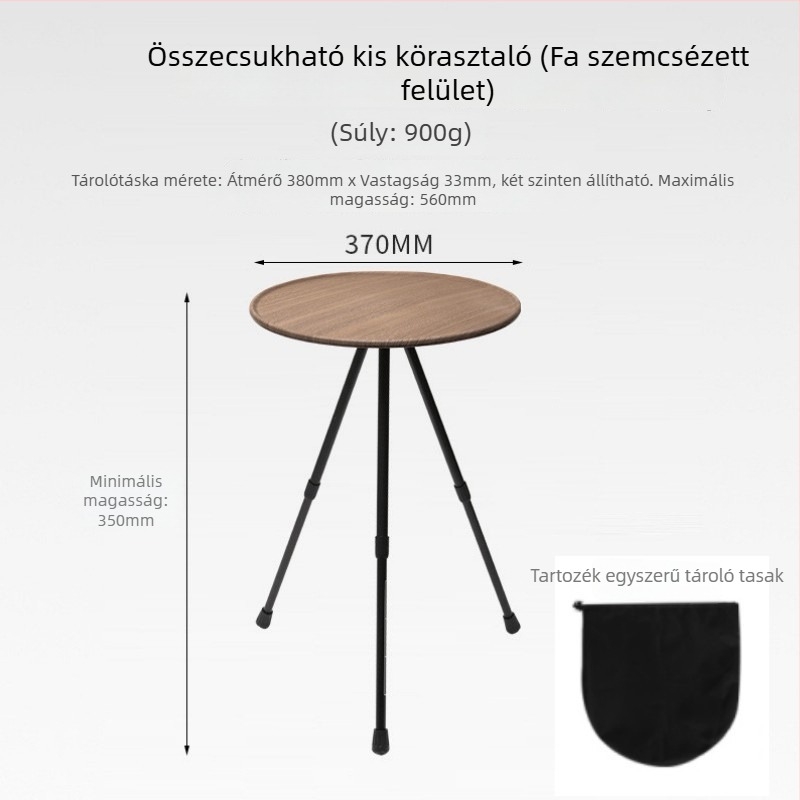 Kompakt kempingasztal állítható magassággal, kerek ABS felülettel és összecsukható háromlábú lábakkal