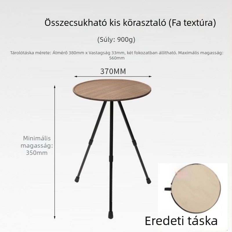 Kompakt kempingasztal állítható magassággal, kerek ABS felülettel és összecsukható háromlábú lábakkal
