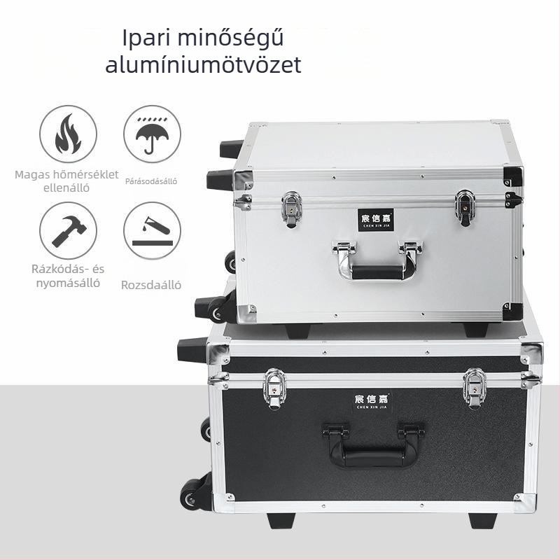 Kerekes szerszámtartó láda alumíniumötvözetből (drón doboz, hordozható eszköz tok, multifunkcionális tárolás)