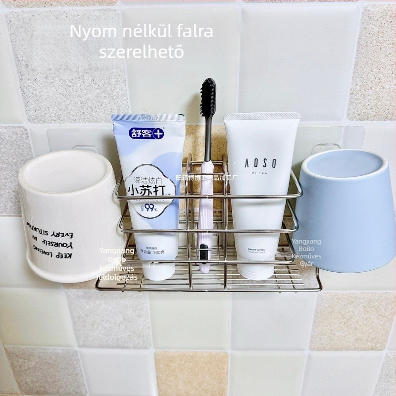 Rozsdamentes acélból készült falra szerelhető fogkefetartó szájvíz pohárral és fogkrém-tárolóval, 4 hely