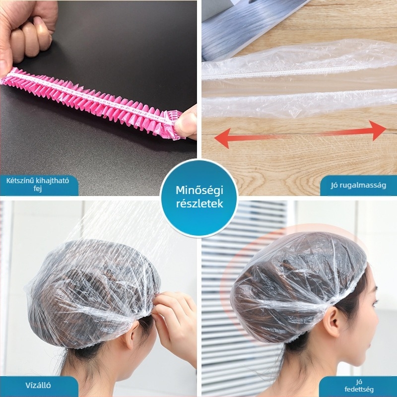 Egyszer használatos zuhany sapka, 100 db, műanyag, egyenként OPP-ben csomagolt, vastagított szalag dizájn