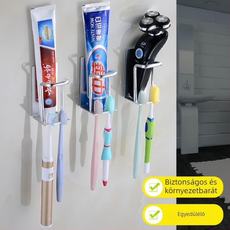 Fogkefetartó – fúrás nélküli szerelés, öblítő pohár, fém kivitel, többfunkciós tároló