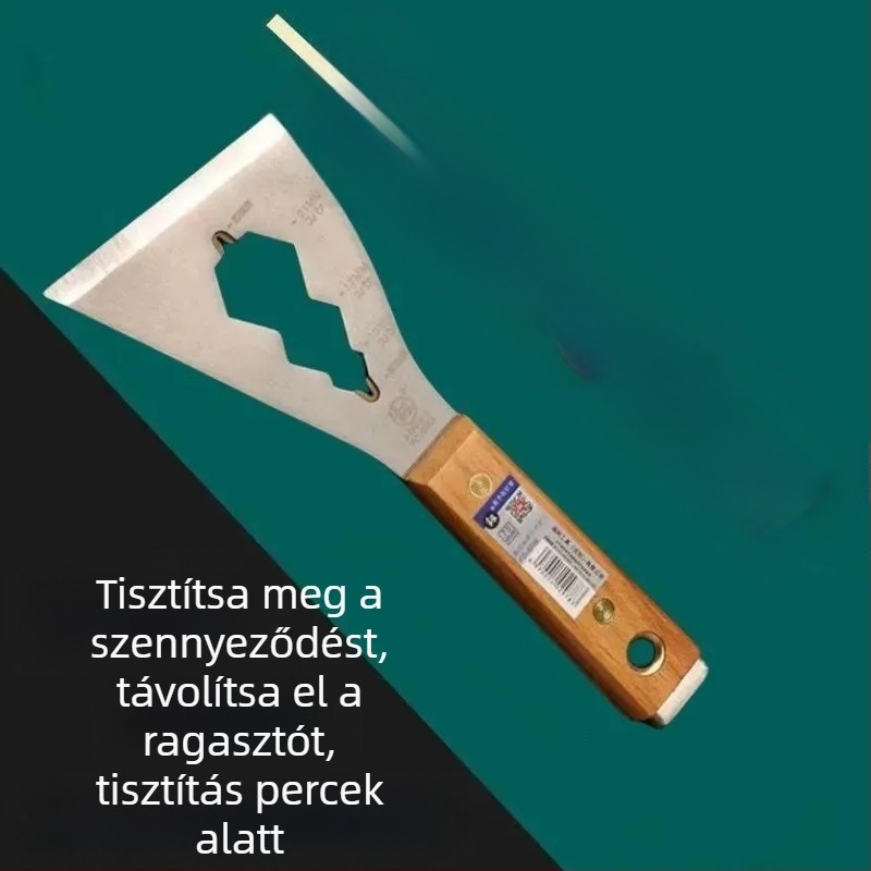 Többfunkciós spatula vakolat és cement eltávolítására – rozsdamentes acél és fa markolat, vastagodott kialakítás, nehéz felújítási eszköz, logó nyomtatás elérhető