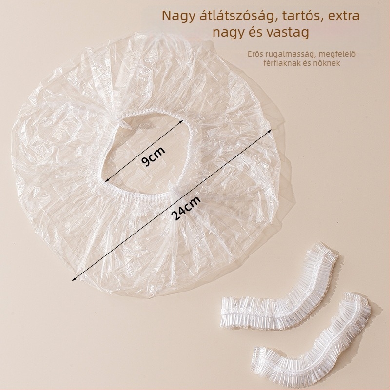 Egyszer használatos PE zuhanysapka, rugalmas nyílással, vastagított kivitelben, hajfestéshez, fodrászatban és hotelfürdőkhöz.