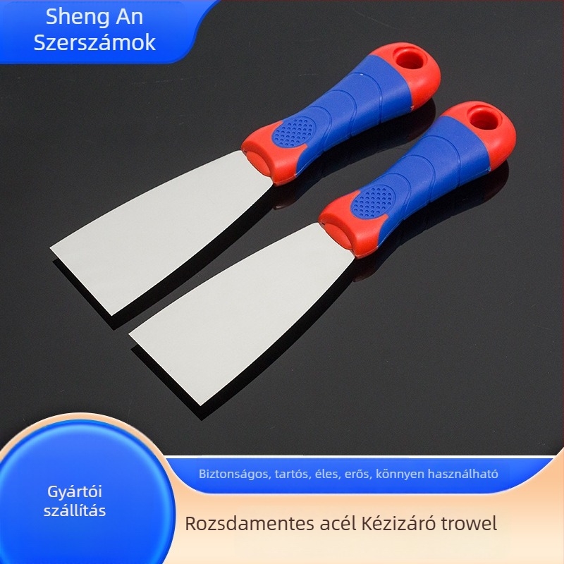 Glettkés rozsdamentes acélból, tükörfényes felület, műanyag fogantyú, sík pengével, falak glettelésére