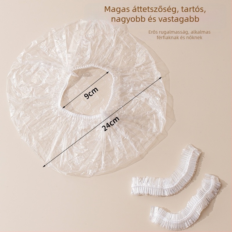 Egyszer használatos zuhanysapka gumis pánttal, vastagított PE műanyagból, hajfestéshez, szalonban és szállodában