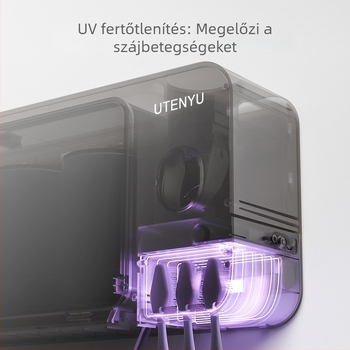 Fogkefetartó UV sterilizálással és szájvíz pohár tárolóval, szívó rögzítés, fúrás nélkül, fürdőszobába
