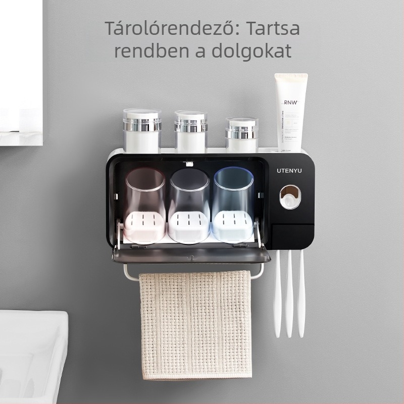 Fogkefetartó UV sterilizálással és szájvíz pohár tárolóval, szívó rögzítés, fúrás nélkül, fürdőszobába