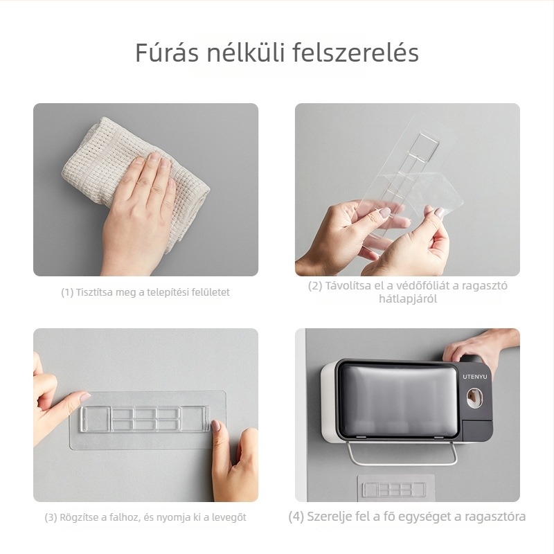 Fogkefetartó UV sterilizálással és szájvíz pohár tárolóval, szívó rögzítés, fúrás nélkül, fürdőszobába