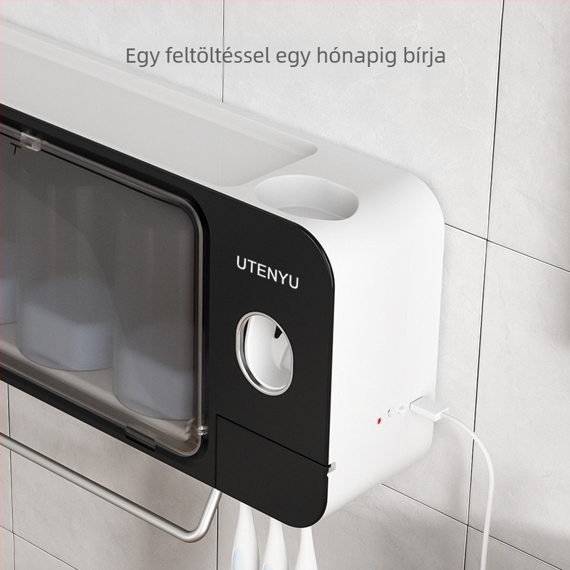 Fogkefetartó UV sterilizálással és szájvíz pohár tárolóval, szívó rögzítés, fúrás nélkül, fürdőszobába