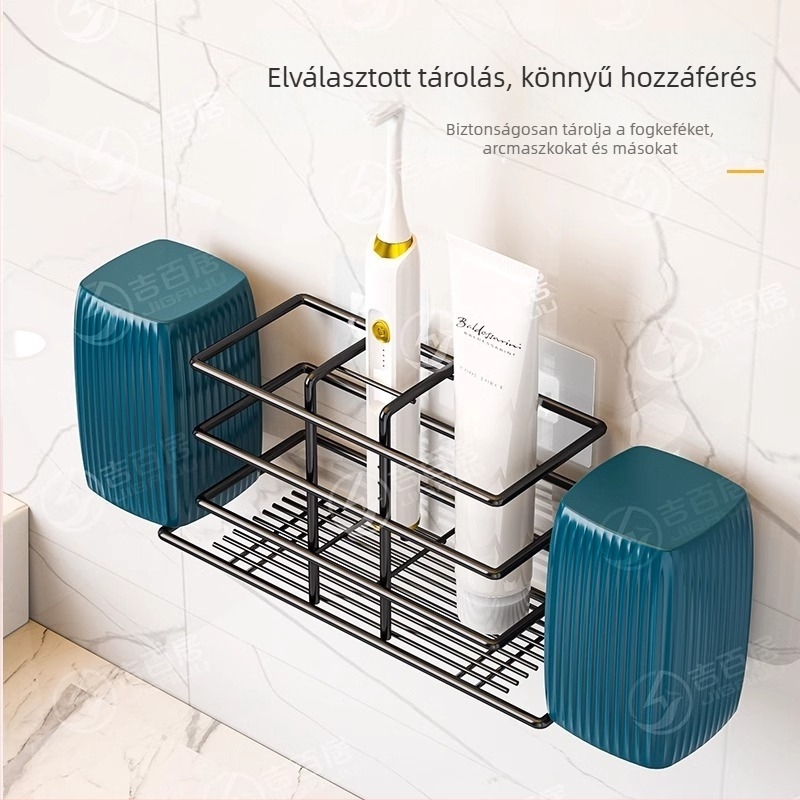 Fogkefe- és öblítő pohár tartó – fúrás nélküli, fürdőszobai tároló, szénacél, csomagolás 110 darab, Ji Baiju.
