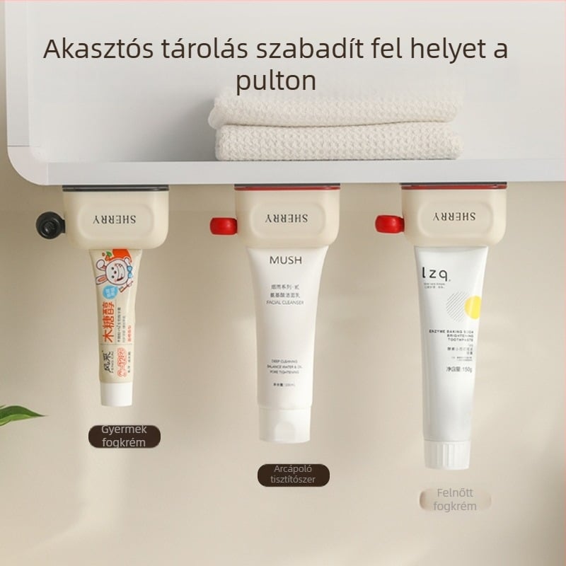 Fogkefetartó mágneses szájvíz pohárral és fogkrém kinyomóval, ABS, vákuumos rögzítés