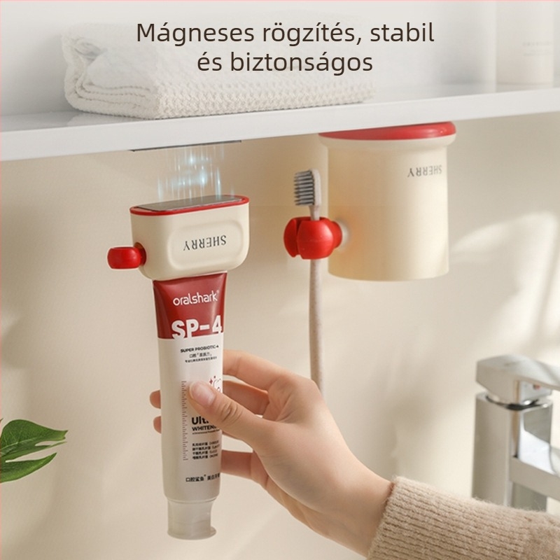 Fogkefetartó mágneses szájvíz pohárral és fogkrém kinyomóval, ABS, vákuumos rögzítés
