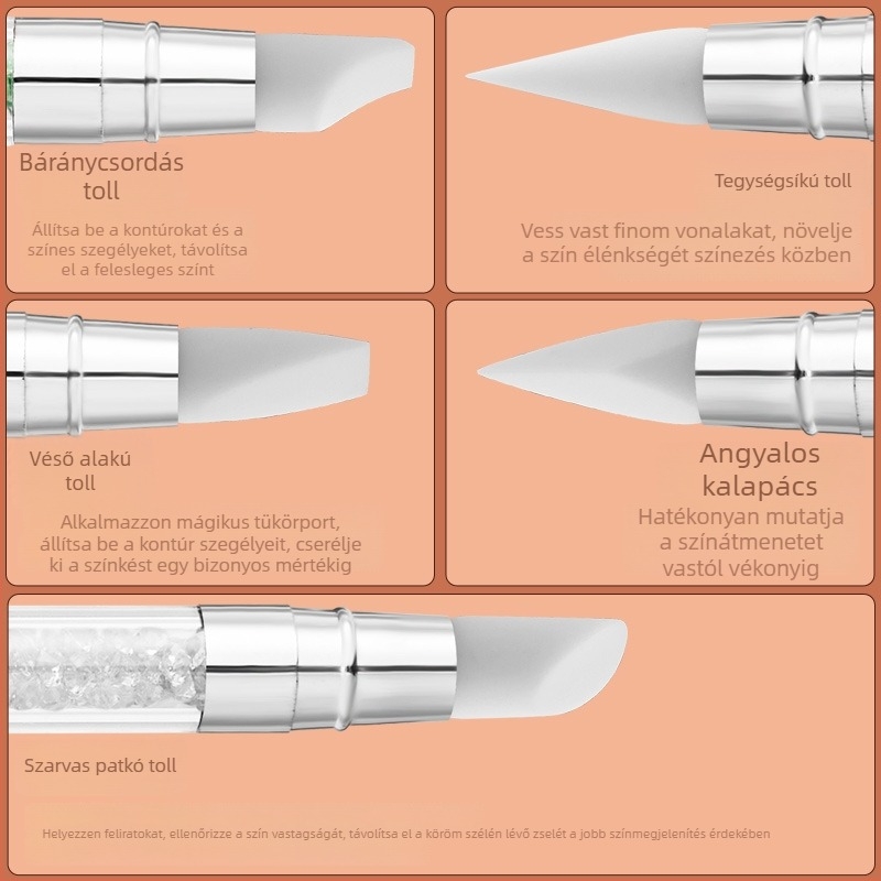 Nail art toll készlet, 5 darab, dupla fejű szilikontoll gravírozott mintával, műanyag markolat, köröm ecset, ragasztó stift