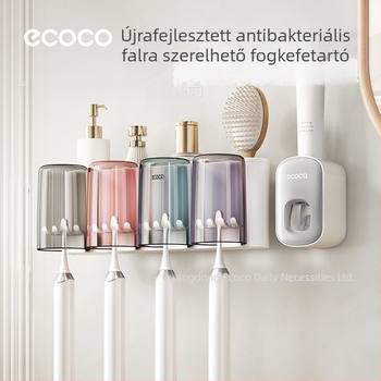 Fali fogkefetartó pohár tartóval, fúrás nélküli szerelés, PET anyag, 4–8 fogkefe rekesz
