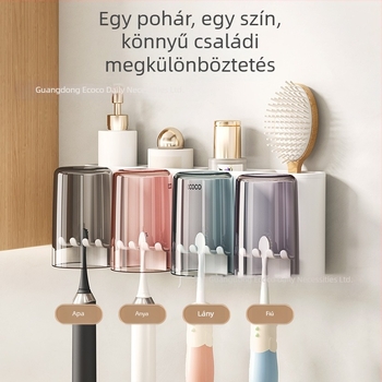 Fali fogkefetartó pohár tartóval, fúrás nélküli szerelés, PET anyag, 4–8 fogkefe rekesz