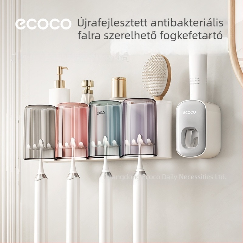 Fali fogkefetartó pohár tartóval, fúrás nélküli szerelés, PET anyag, 4–8 fogkefe rekesz