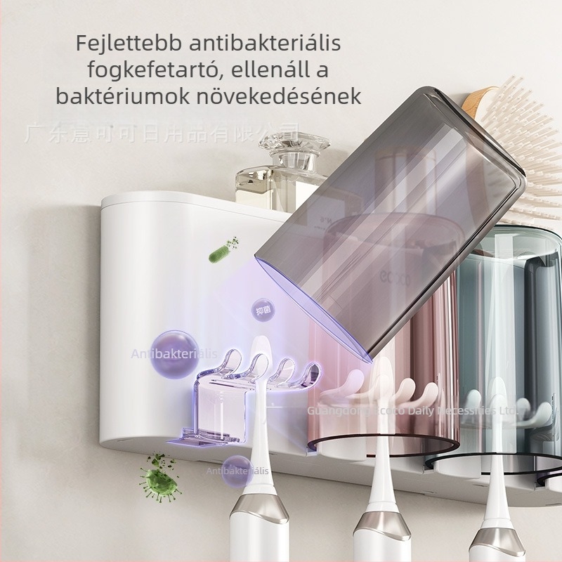 Fali fogkefetartó pohár tartóval, fúrás nélküli szerelés, PET anyag, 4–8 fogkefe rekesz