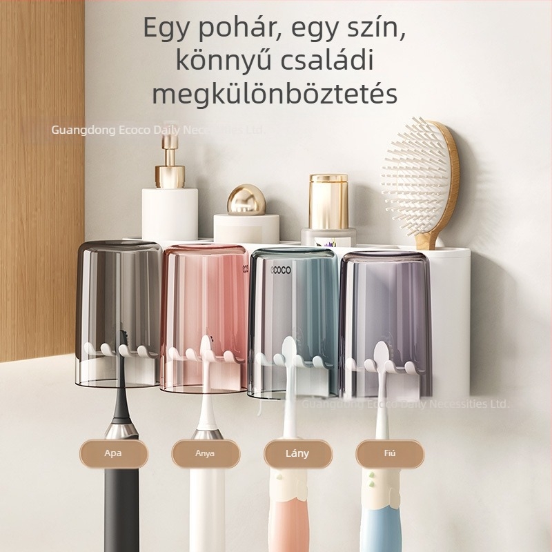 Fali fogkefetartó pohár tartóval, fúrás nélküli szerelés, PET anyag, 4–8 fogkefe rekesz