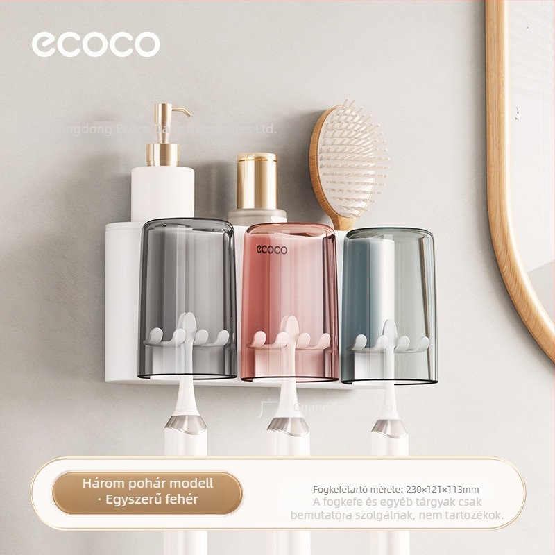 Fali fogkefetartó pohár tartóval, fúrás nélküli szerelés, PET anyag, 4–8 fogkefe rekesz