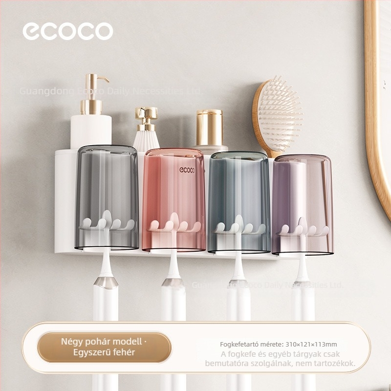 Fali fogkefetartó pohár tartóval, fúrás nélküli szerelés, PET anyag, 4–8 fogkefe rekesz