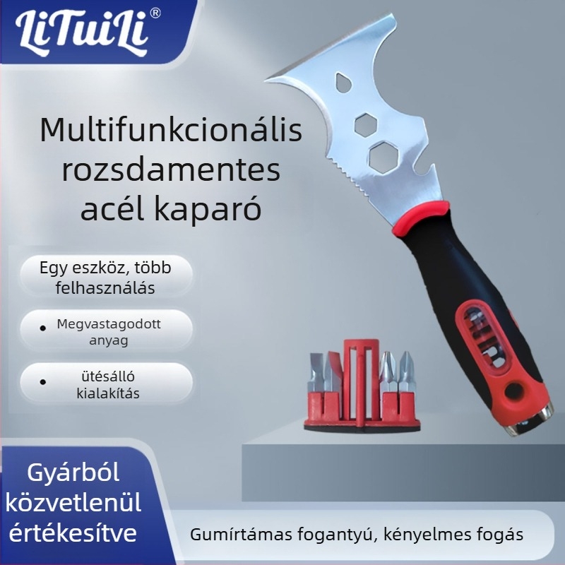 Lituili többfunkciós glettkés bitével, 16‑in‑1, rozsdamentes acél penge és műanyag markolat