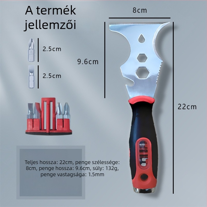 Lituili többfunkciós glettkés bitével, 16‑in‑1, rozsdamentes acél penge és műanyag markolat