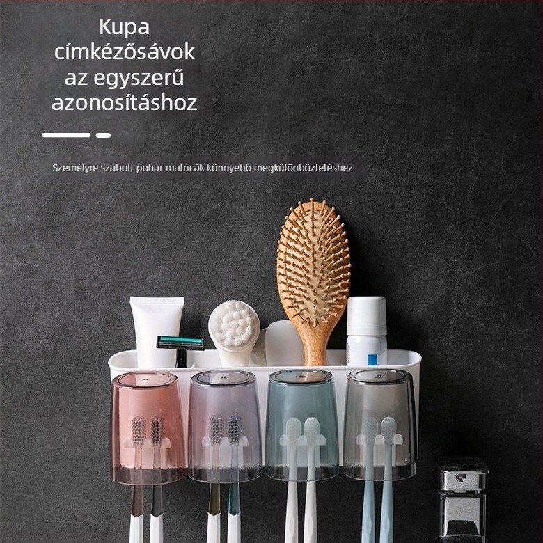 Fúrás nélküli fogkefetartó - műanyag, fürdőszobai rendező fogkefékhez, fogkrém és pohár készlet