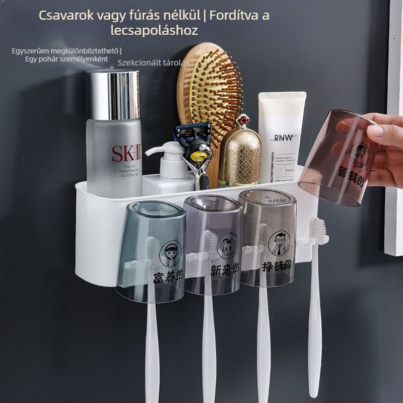Fúrás nélküli fogkefetartó - műanyag, fürdőszobai rendező fogkefékhez, fogkrém és pohár készlet