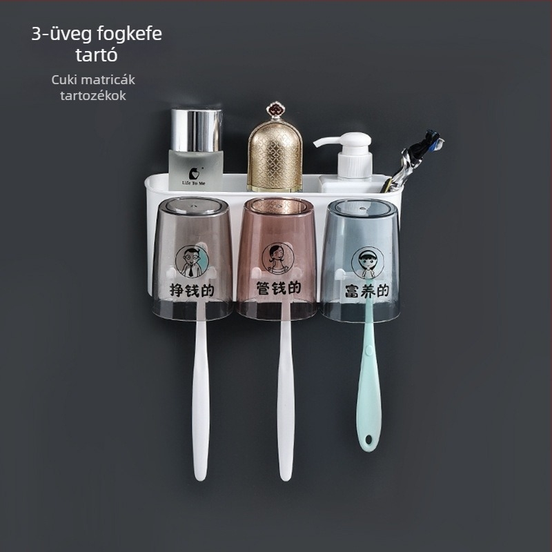 Fúrás nélküli fogkefetartó - műanyag, fürdőszobai rendező fogkefékhez, fogkrém és pohár készlet