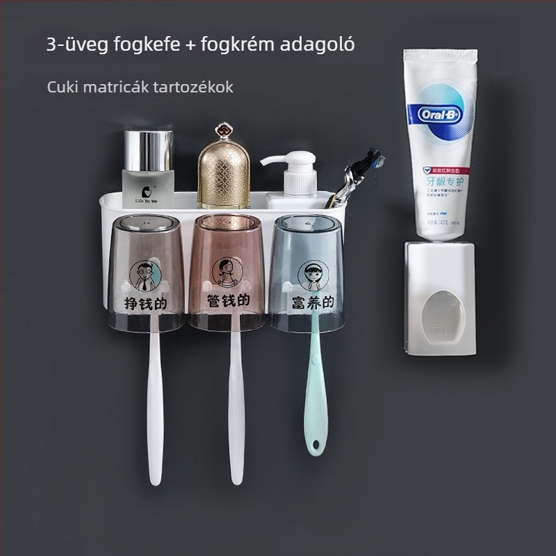 Fúrás nélküli fogkefetartó - műanyag, fürdőszobai rendező fogkefékhez, fogkrém és pohár készlet