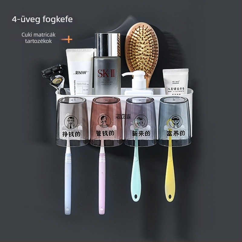 Fúrás nélküli fogkefetartó - műanyag, fürdőszobai rendező fogkefékhez, fogkrém és pohár készlet