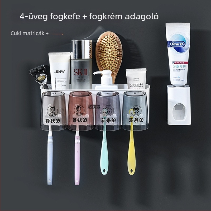 Fúrás nélküli fogkefetartó - műanyag, fürdőszobai rendező fogkefékhez, fogkrém és pohár készlet