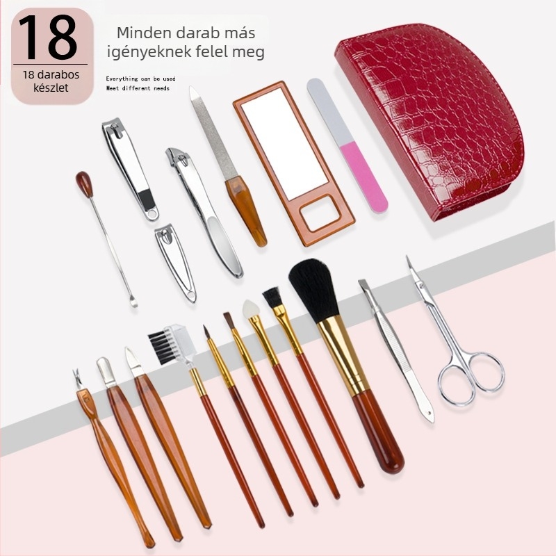 Smink- és manikűr eszközök készlet: sminkecsetek, ajkakhoz való eszközök, körömvágó és szemöldök-trimmer; márka Yingqi; származás Guangdong; nettó tömeg 240 g; anyagok PS, PVC, 2Cr13, rozsdamentes acél, alumínium; OEM