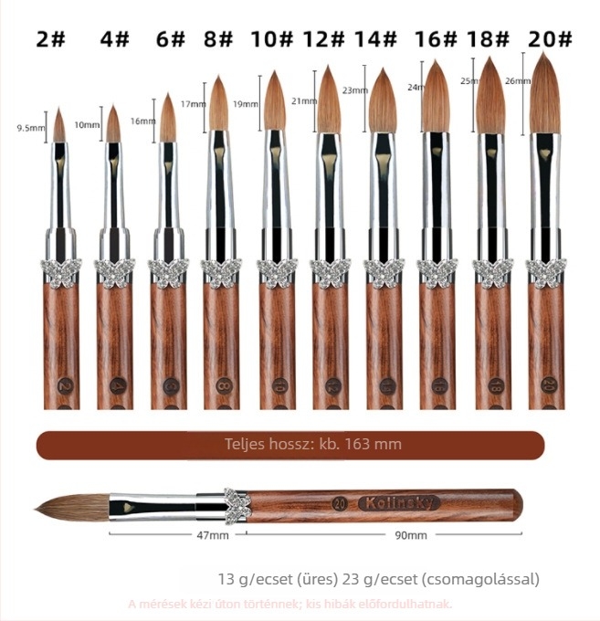 Gravírozott manikűr tollfa fa nyéllel, hosszú nyél, 10 darabos ecsetkészlet