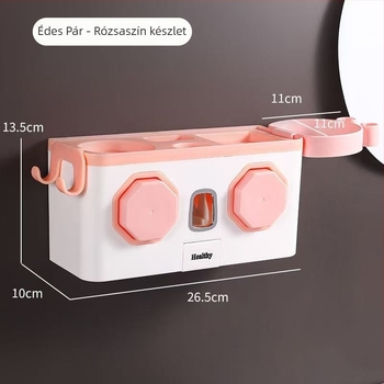 Fali fogkefetartó lyukasztás nélkül, automata fogkrémnyomóval; műanyagból; beépített rögzítés; nyomtatott logó.