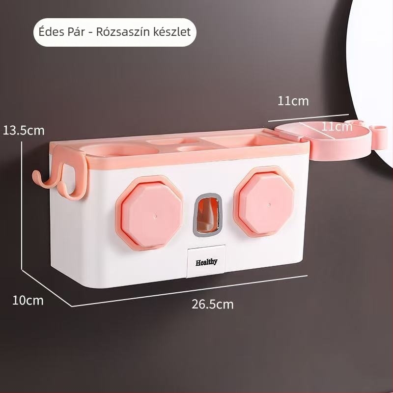 Fali fogkefetartó lyukasztás nélkül, automata fogkrémnyomóval; műanyagból; beépített rögzítés; nyomtatott logó.