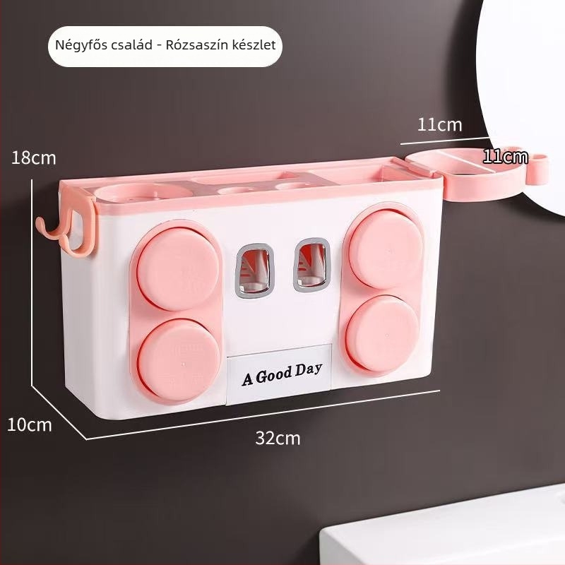 Fali fogkefetartó lyukasztás nélkül, automata fogkrémnyomóval; műanyagból; beépített rögzítés; nyomtatott logó.