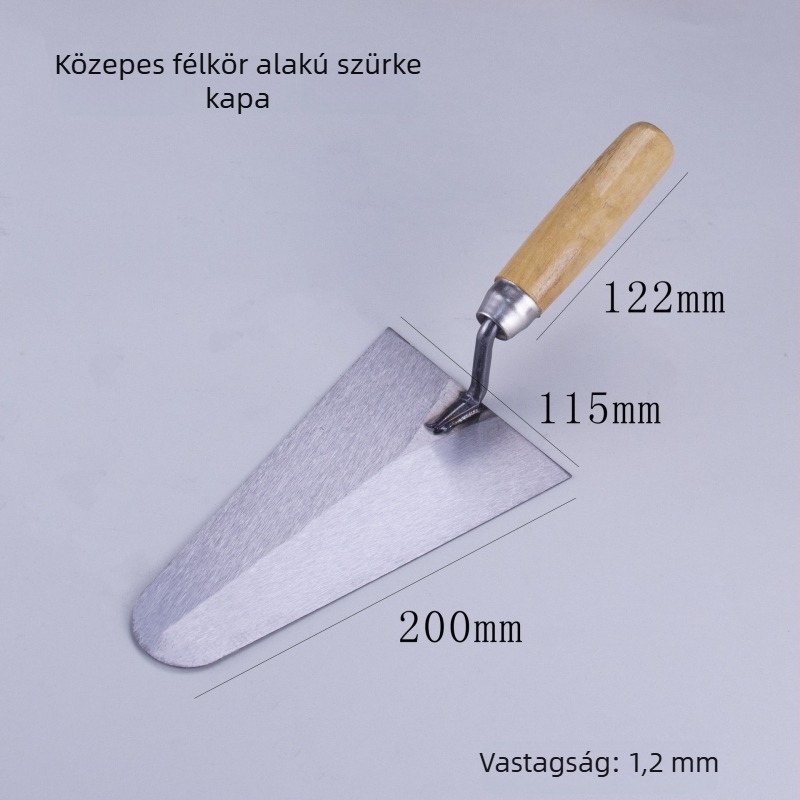 Kör fejű glettelőkanál, nagy glettelőkanál, téglázó glettelőkanál, téglafalazáshoz való glettelőkanál, glettelő kés, téglázó lapát, cement, homok és vakolat eszköz