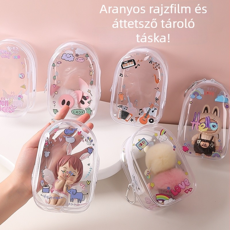 PVC kocka alakú tároló táska dupla cipzárral, többfunkciós, aranyos rajzfilmszerű stílus