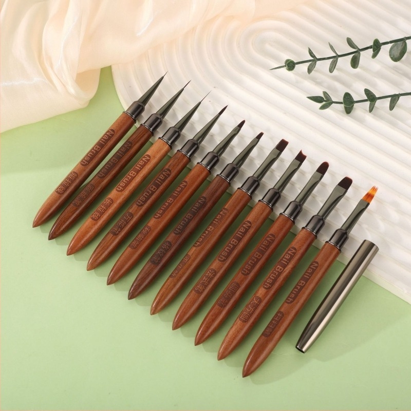 Szantálfa fogantyúval ellátott, nagy kör alakú, széles fejű építő manikűr ecset, hosszú nyél, 12 darabos rajzeszköz-készlet