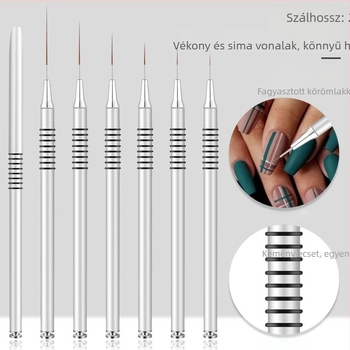 6 darabos körömművészeti ecsetkészlet, hosszú nyelű fémtartóval és 8 spirálgyűrűvel vonalakhoz és virágfestéshez