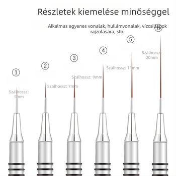6 darabos körömművészeti ecsetkészlet, hosszú nyelű fémtartóval és 8 spirálgyűrűvel vonalakhoz és virágfestéshez