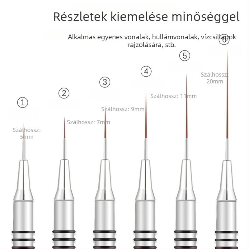 6 darabos körömművészeti ecsetkészlet, hosszú nyelű fémtartóval és 8 spirálgyűrűvel vonalakhoz és virágfestéshez