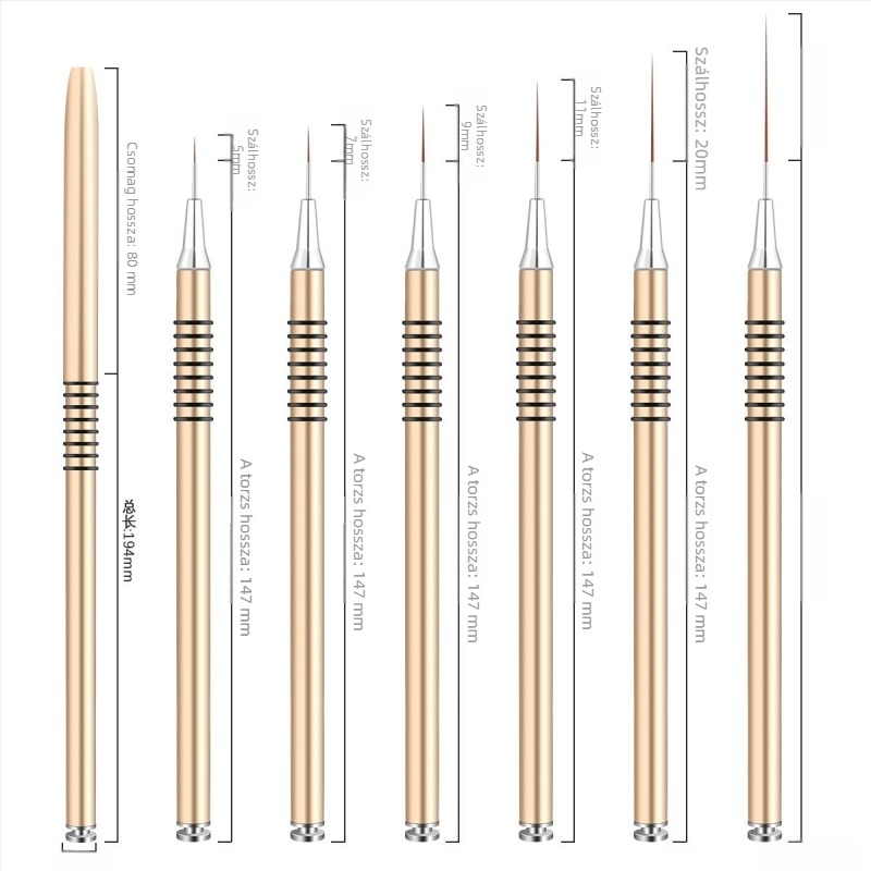 6 darabos körömművészeti ecsetkészlet, hosszú nyelű fémtartóval és 8 spirálgyűrűvel vonalakhoz és virágfestéshez